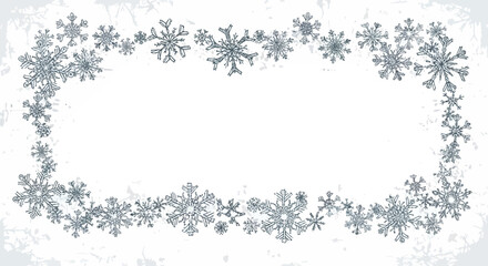 Snowflake frame design in silver tones on white background  