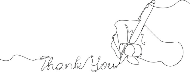 Hand Holding Pen Writing Continous line. Thank you by Hand holding pen single line art. Minimal line drawing hand holding pen writing thank you. Easily editable.
