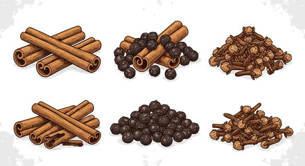 Various spices including cinnamon sticks and black peppercorns  