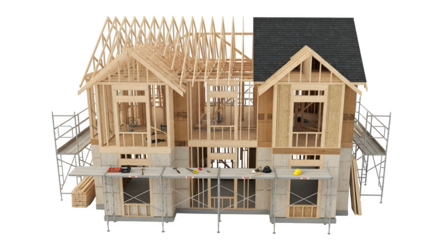 Detailed model home construction with wood framing and foundation isolated on transparent background