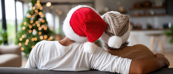 A couple embraces warmly, dressed in cheerful holiday hats, surrounded by soft lights and a Christmas tree, creating a joyful atmosphere