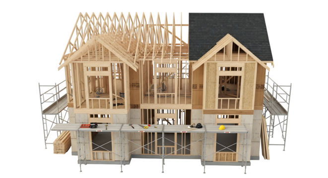 Detailed model home construction with wood framing and foundation isolated on transparent background