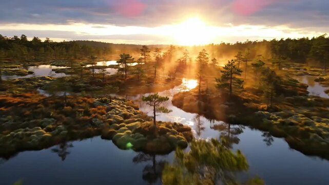 Golden light filters through a bog landscape dotted with small trees, ponds, and mossy vegetation
