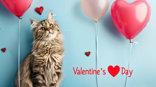 Brown tabby cat sitting near red and pink heart-shaped balloons and small red hearts on blue background with Valentine's Day text. - Powered by Adobe