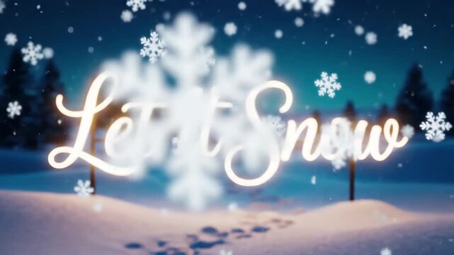 Animated let it snow lettering in snowy winter landscape. Falling snowflakes and forming footprints on ground with pine trees and lamp post. Christmas new year holiday greeting card design concept.