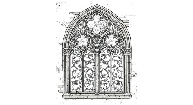 Gothic window design with intricate details and floral patterns  