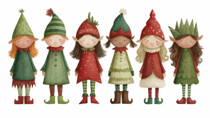 Six colorful elf characters in festive holiday attire  