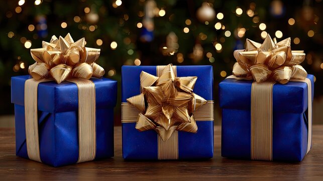 Bright gift boxes with golden bows are scattered amidst falling stars in a misty and dark atmosphere, evoking a festive feeling