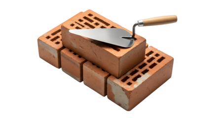 Stack of red bricks with trowel on top isolated on transparent background