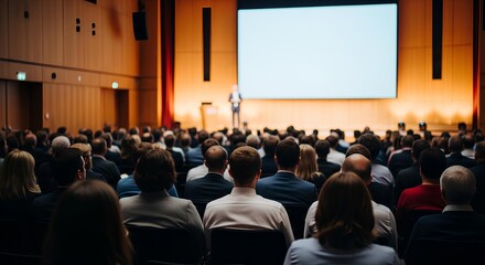 Rear view of people in the audience at a business event conference hall, speaker presenting on stage, emphasizing audience engagement, corporate learning, professional communication and leadership.