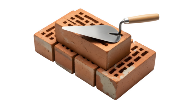 Stack of red bricks with trowel on top isolated on transparent background