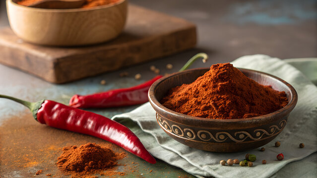Red Chili Peppers with Chili Powder on Rustic Background