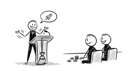 Man giving a presentation about a rocket launch.