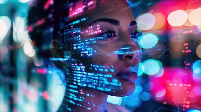 A young Black woman with dark hair gazes thoughtfully, overlaid with colorful digital data and lights, representing technology and innovation.