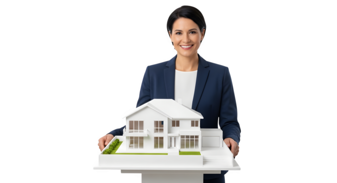 Smiling real estate agent holding a model house isolated on transparent background - Powered by Adobe