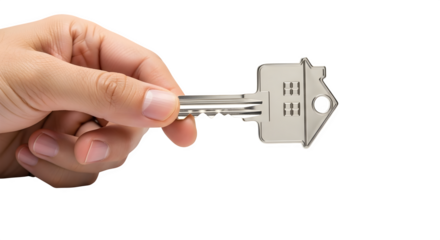 Hand holding house shaped key isolated on transparent background for real estate