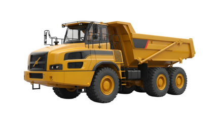 Yellow articulated dump truck heavy construction vehicle isolated on transparent background