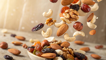 Falling mixed nuts and dried fruits healthy snack food bowl background