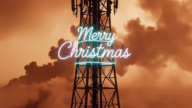 Post-apocalyptic cell tower in dramatic orange sky with appearing merry christmas neon lettering. Dystopian holiday greeting concept for new year and christmas in end-of-world style