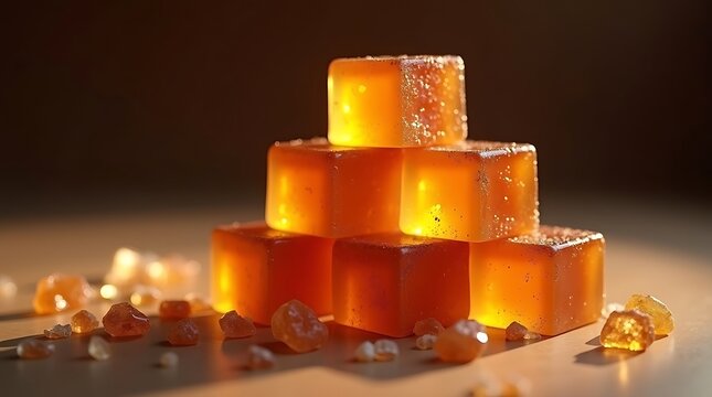 Sweet amber jelly cubes stacked on a table with warm backlighting