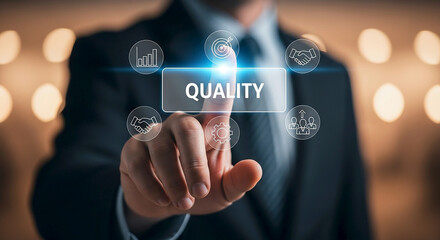 Fototapeta premium A person in a suit touching a quality button with icons around it in a digital interface