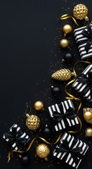 Elegant Black and Gold Christmas Decoration with Striped Presents