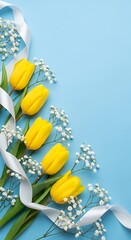 Elegant Yellow Tulips and White Babys Breath Floral Arrangement on Blue