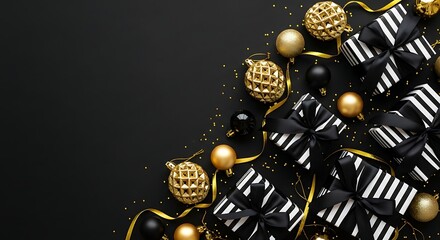 Elegant Black and Gold Christmas Presents and Ornaments Arrangement on Dark Background