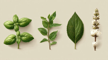 An assortment of various plant leaves and a stem with small white flowers arranged elegantly