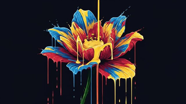 Vibrant flowers with dripping paint effect on black background, artistic showcase