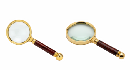 Pair of Golden Magnifying Glasses with Polished Wood Handles on a Solid Dark Field