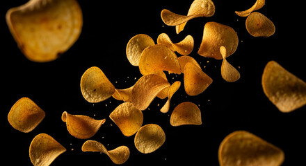 Potato chips flying in the air, freeze-motion photography style, dramatic lighting, black background.