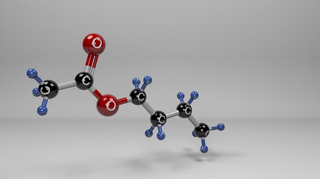 Butyl acetate molecule. A sweet, fruity ester used as a flavor additive and widely applied as an industrial solvent for coatings, inks, plastics, and nail polish.