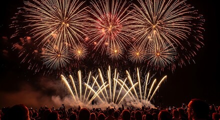 Crowd watches golden and red fireworks explode in night sky explosion celebration