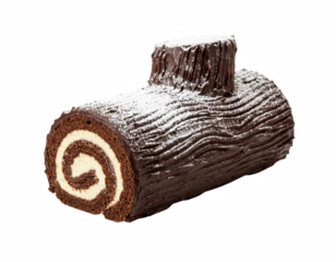 Festive Chocolate Yule Log Cake with Vanilla Cream Filling and Powdered Sugar Dusting