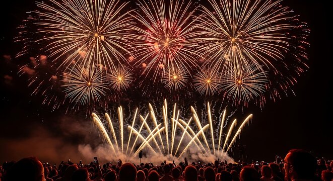 Crowd watches golden and red fireworks explode in night sky explosion celebration