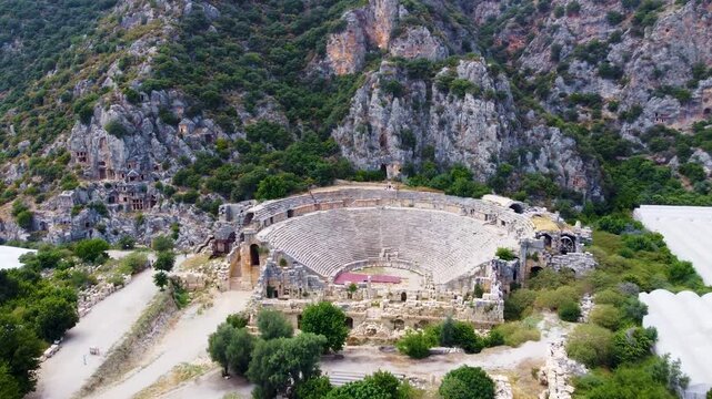Aerial view of the ancient theater and rock tombs in Myra ancient city