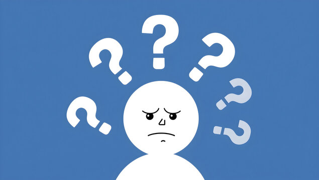 Anxious Confused Cartoon Character with Question Marks, Flat Vector Illustration on Blue Background - Powered by Adobe