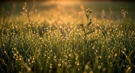 Dew drops on green grass in golden morning sunlight bokeh water