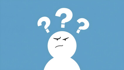 Confused Cartoon Character with Question Marks, Simple Blue Background. Concept of Uncertainty, Doubt, and Problem Solving