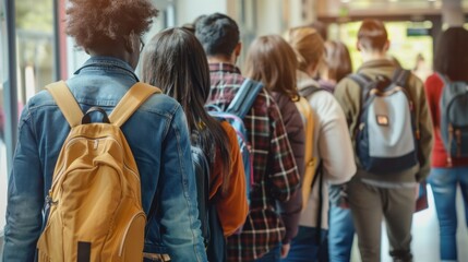 A diverse group of students standing in line. They are wearing casual clothing and backpacks. The scene is set in a school or educational environment.