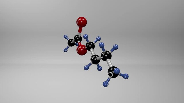Butyl acetate molecule. A sweet, fruity ester used as a flavor additive and widely applied as an industrial solvent for coatings, inks, plastics, and nail polish.