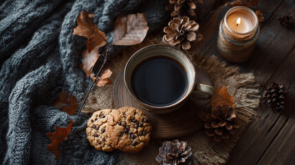 A cozy autumn scene featuring a cup of coffee, cookies, and a lit candle, creating a warm and inviting atmosphere