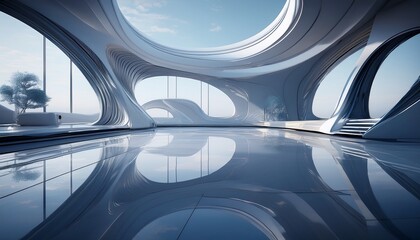 Fototapeta premium futuristic minimalist interior with curved walls large windows and reflective floor