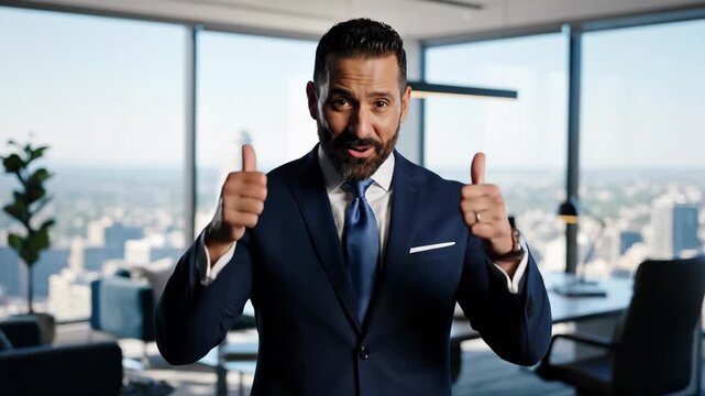 Dynamic business leader in a modern office delivering a captivating presentation with confidence, gesturing for attention in a vibrant, professional setting