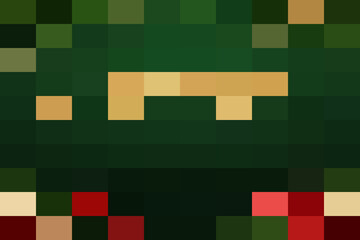 Pixelated abstract design featuring dark green background with blocky beige and red shapes resembling a stylized face or creature