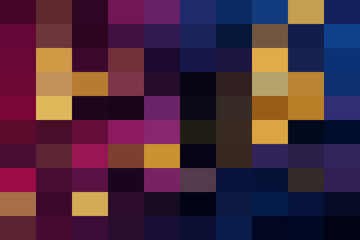 Abstract mosaic pattern featuring deep indigo, rich magenta, and warm golden yellow color blocks in a pixelated design