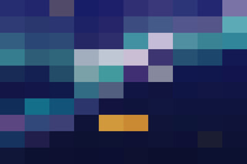 Abstract pixelated mosaic pattern featuring deep blue, teal, purple, and a single contrasting orange rectangular block