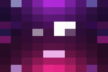 Closeup pixel art face of a purple, possibly demonic or alien character with glowing white and pink features, resembling a game sprite
