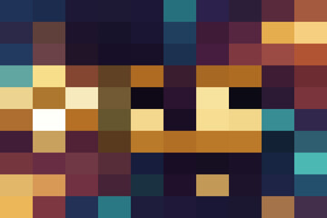 Abstract pixelated mosaic pattern featuring a stylized, dark, catlike face with glowing yellow eyes against a deep blue and brown background